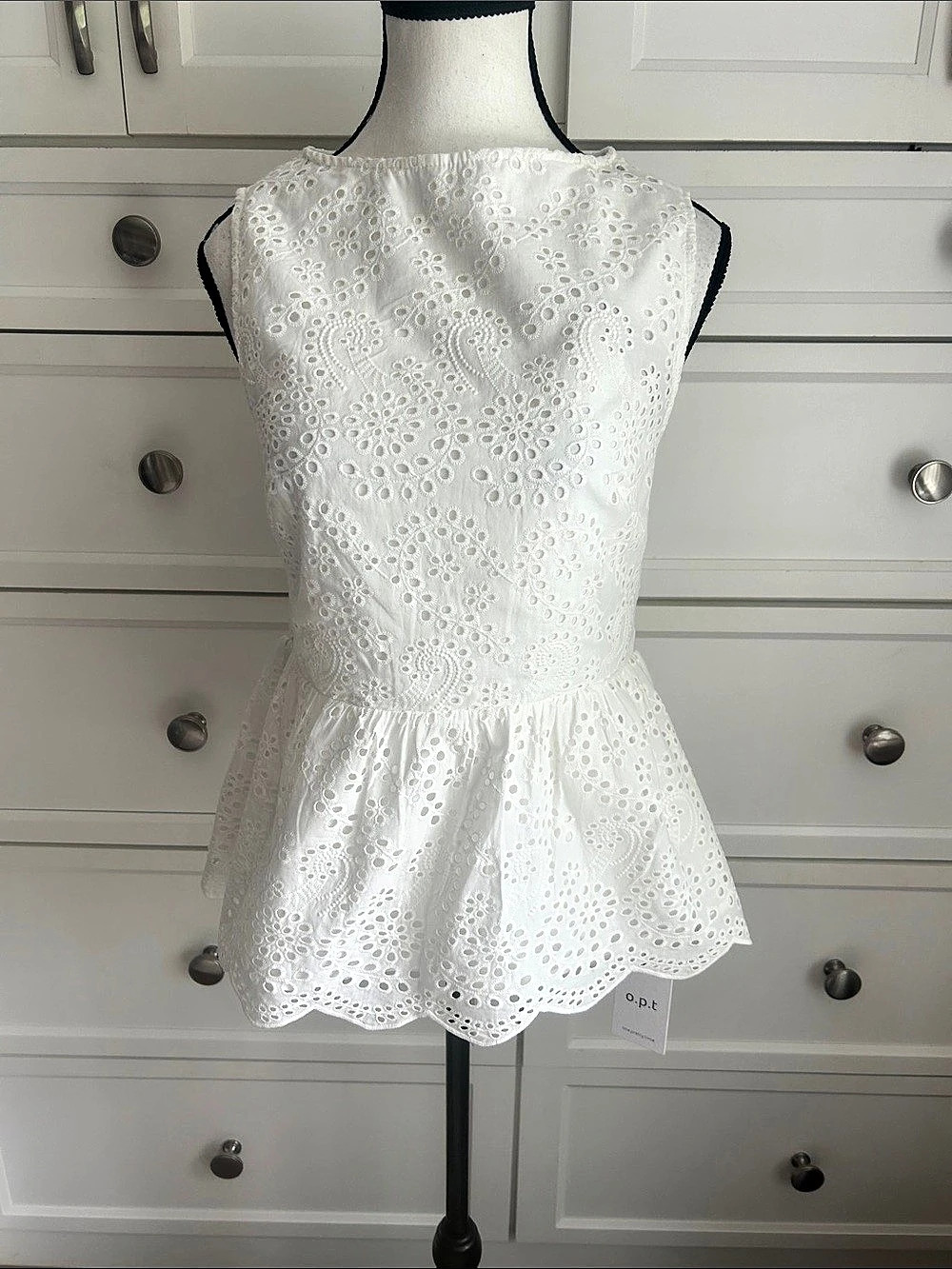 o
O.P.T. Pilar Cotton Top White Eyelet Peplum Blouse